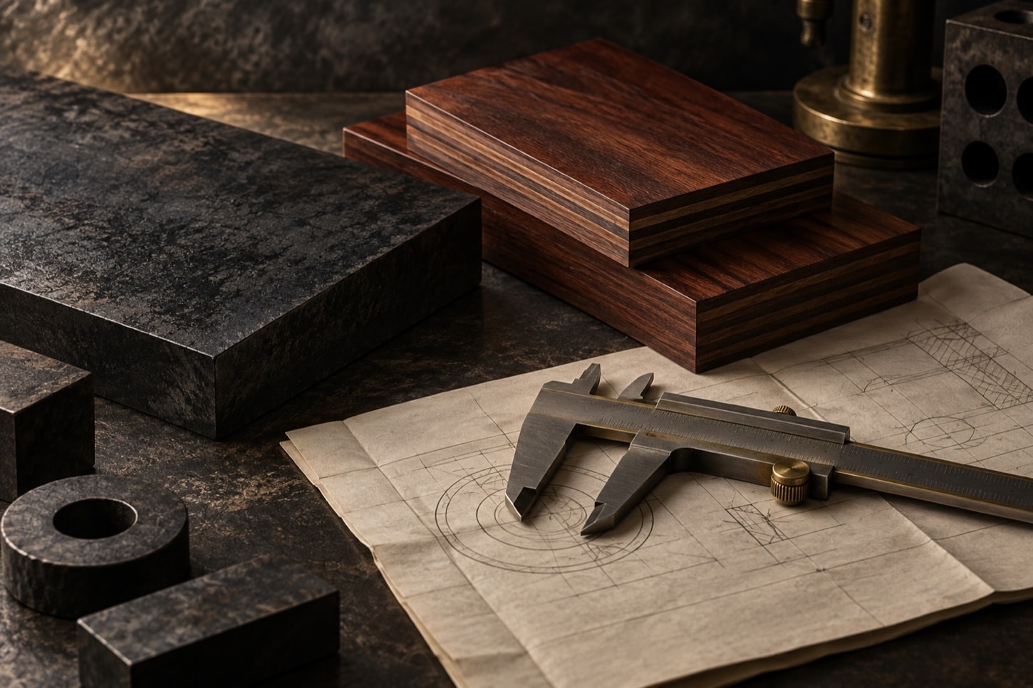 Laminated wood, steel samples and a caliper on an engineering table